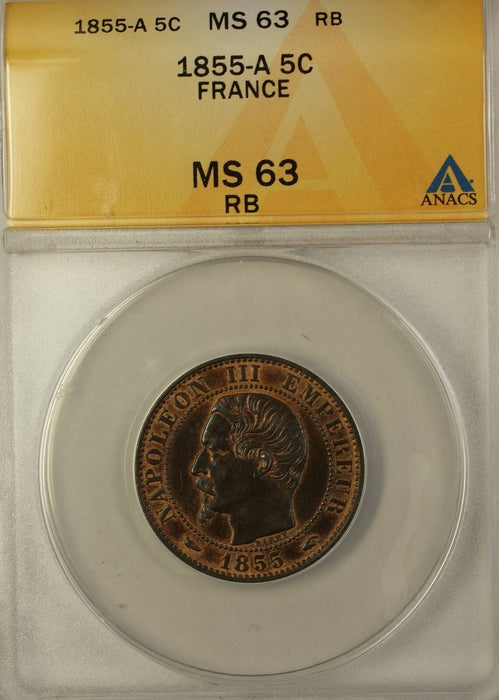 1855-A France 5C Bronze Coin ANACS MS-63 Red Brown