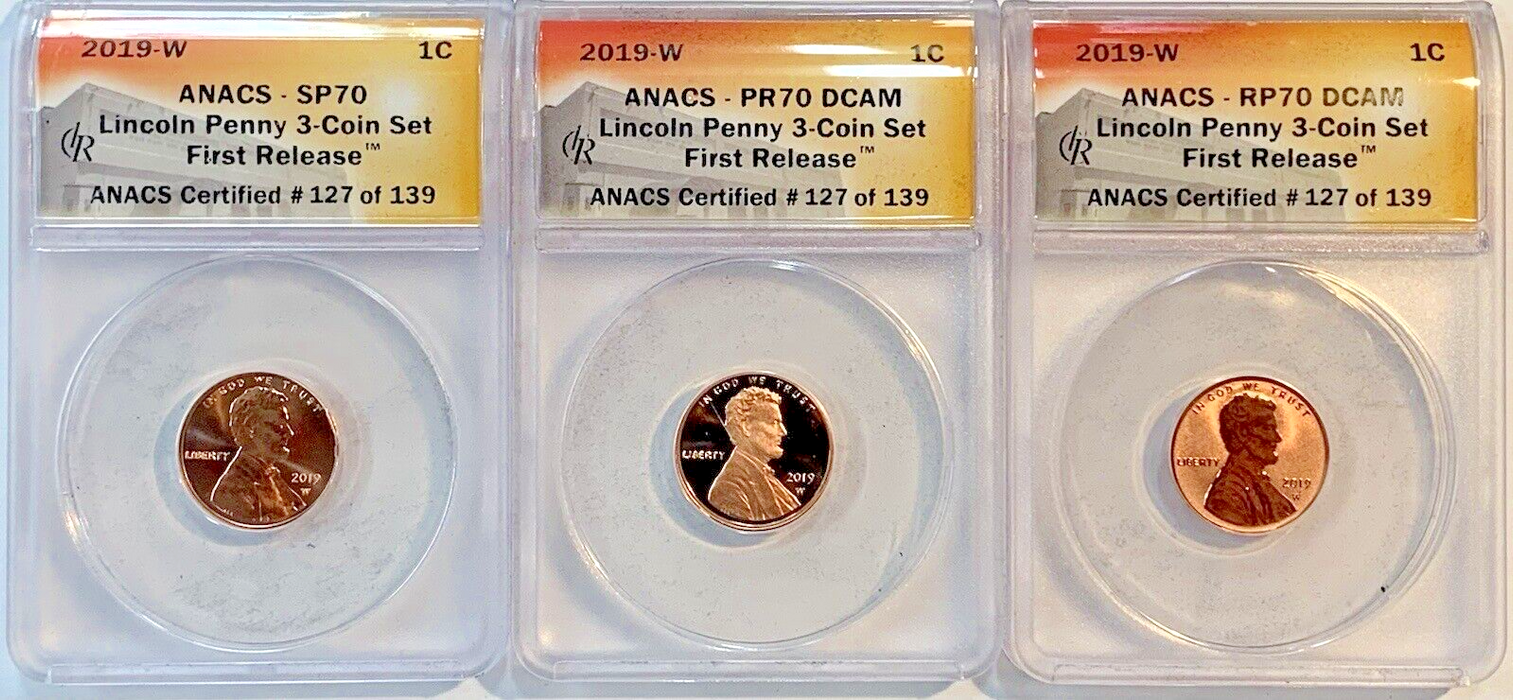 2019-W Lincoln Shield 1C Penny-3 Coin Set-ANACS SP/PF 70 DCAM-Display Box & COA