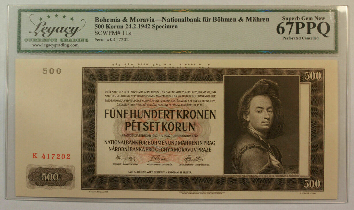 1942 500 Korun Specimen Bohemia Moravia Protectorat Currency Note Legacy 67 PPQ