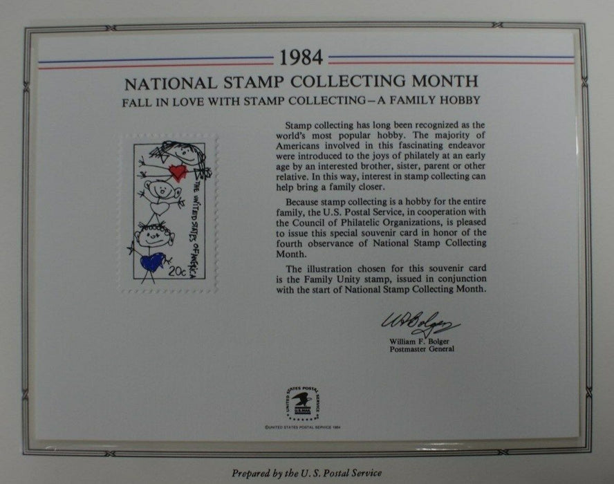 souvenir card PS 53 Stamp Coll month 1984 1984 20¢ Family Unity stamp