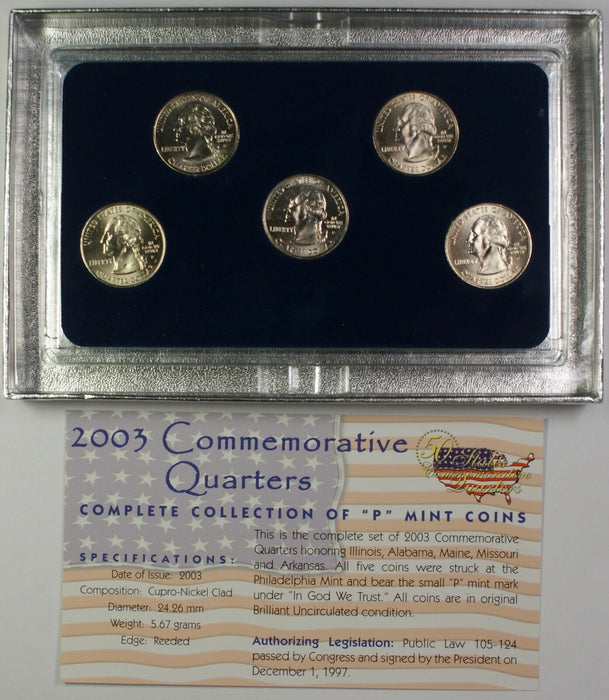 2003 Commemorative Quarters Set 5 Coins Total in Case W/ COA Philadelphia Mint