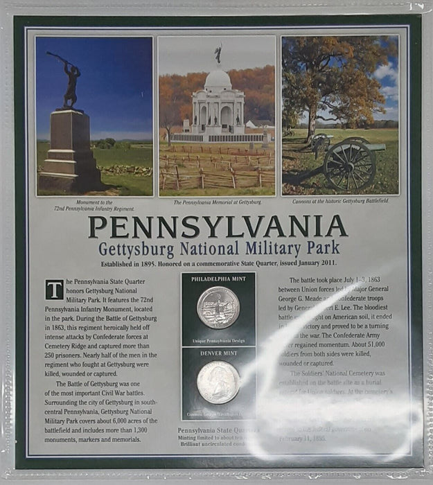 2011 Pennsylvania Gettysburg Nat'l Mil. Park Quarter P&D w/2 Stamps Display Card