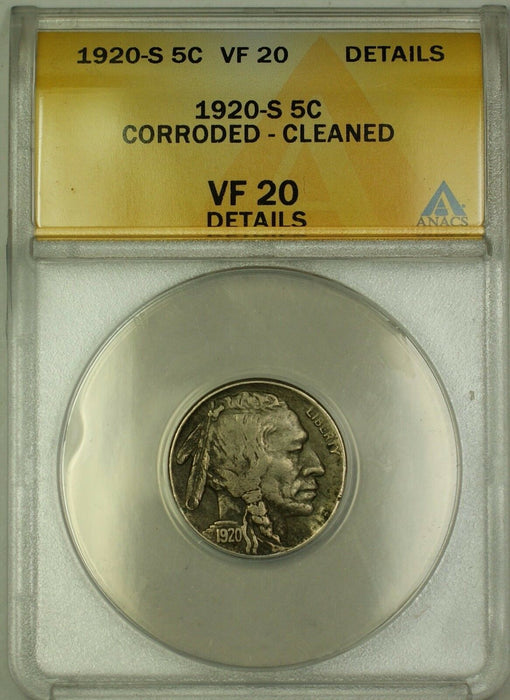 1920-S Buffalo Nickel 5c Coin ANACS VF-20 Details Corroded Cleaned