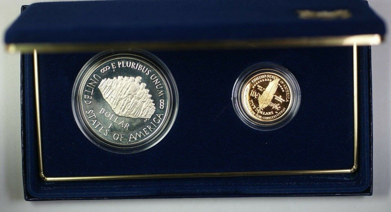 1987 U.S. Mint Constitution $1 Silver + $5 Gold Proof Coin Set w/Box & COA JAH