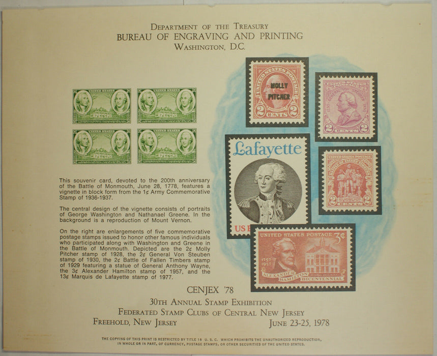 BEP souvenir card B 45 Cenjex 1978 1936 1¢ Army stamp Damaged (See Description)