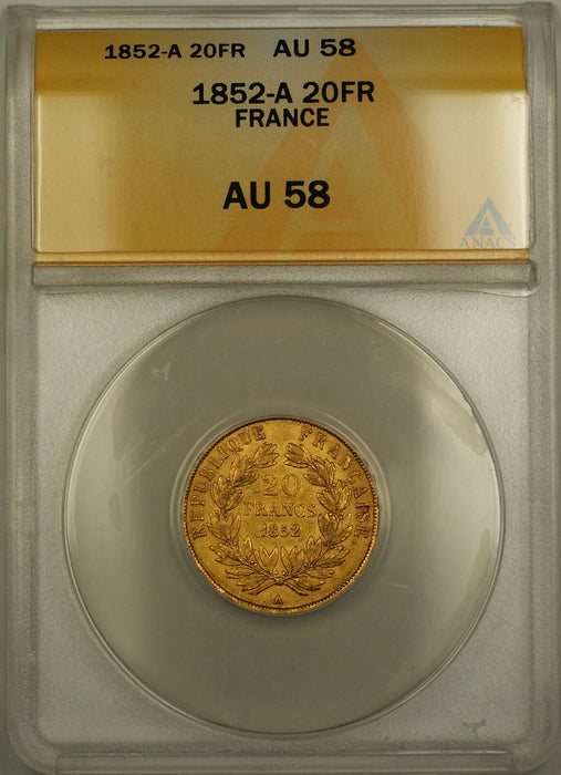 1852-A France 20 Fr Francs Gold Coin ANACS AU-58