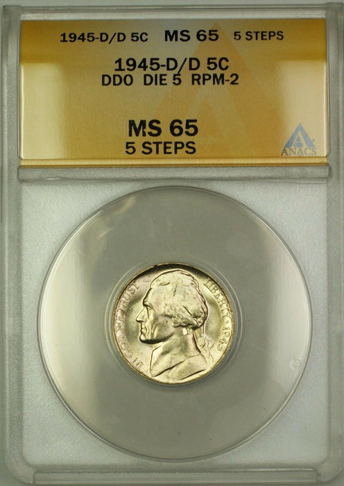 1945-D/D RPM-2 DDO DIE 5 Wartime Silver Nickel 5c Coin ANACS MS-65 5 Steps