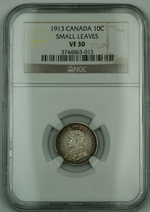 1913 Canada 10c Ten Cents Dime Coin NGC VF-30 "Small Leaves"
