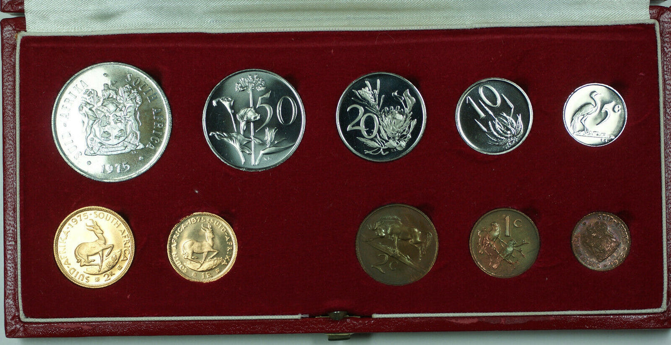 1975 South Africa 10 Coin Proof Set w/ Gold & Silver Rands in Mint Box