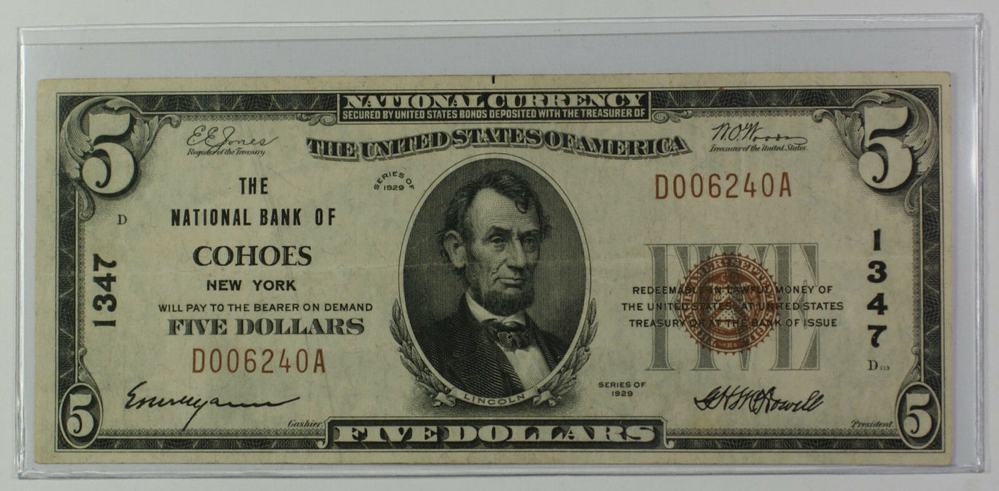 1929 Type 1 $5 Dollar National Currency Banknote Cohoes New York Charter # 1347