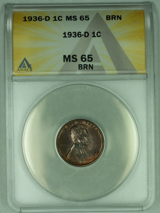 1936-D Lincoln Wheat Cent 1C Coin Toned ANACS MS 65 BN (20)