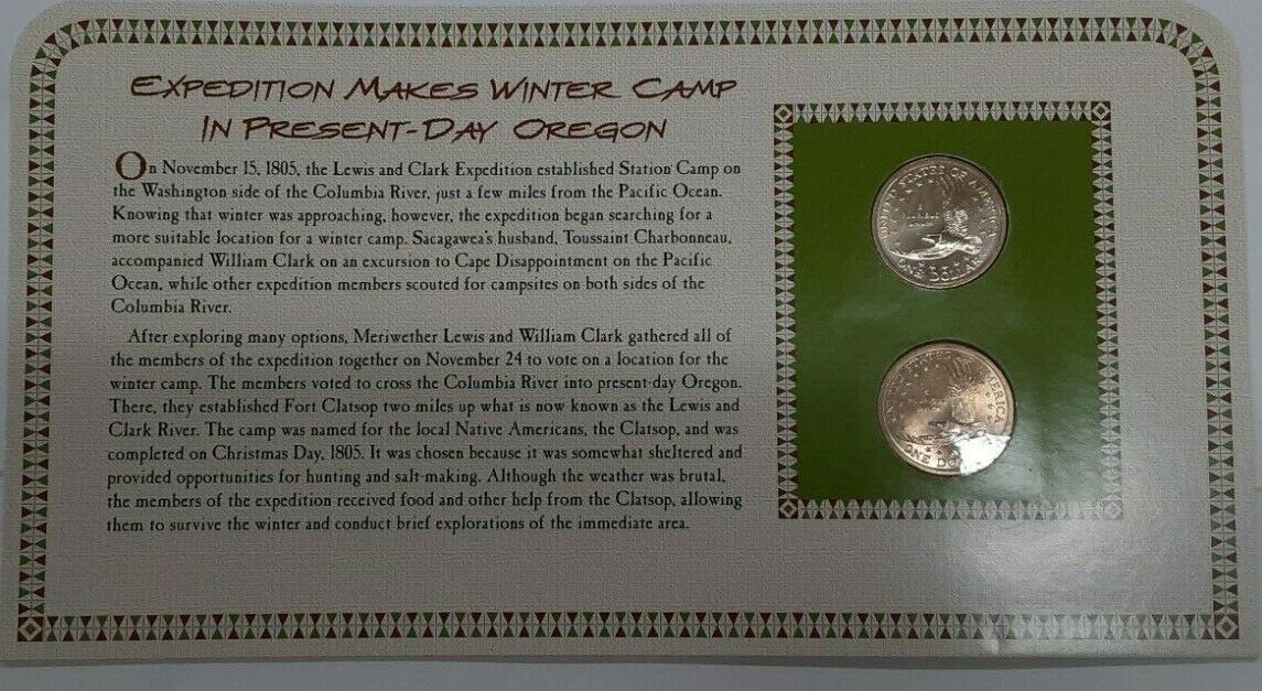 2005 P & D Sacagawea BU Dollars and Stamp Set on Info Card - Oregon Territory