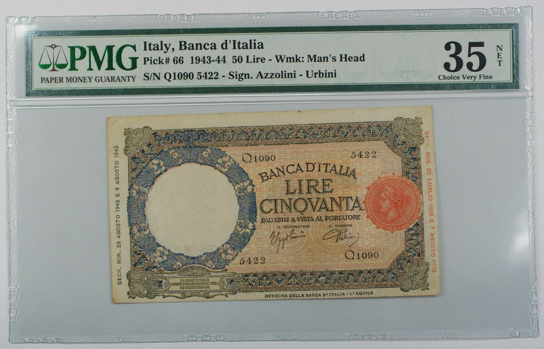1943-44 Italy Banca d'Italia 50 Lire Note Pick# 66 PMG 35 Choice Very Fine Tear