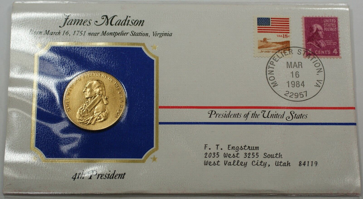 James Madison Presidential Medal 24 KT Electroplate Gold & Stamps Cover