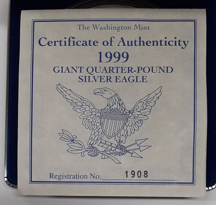 1999 4 Troy OZ .999 Fine Silver Round-Silver Eagle Design  W/Case & COA