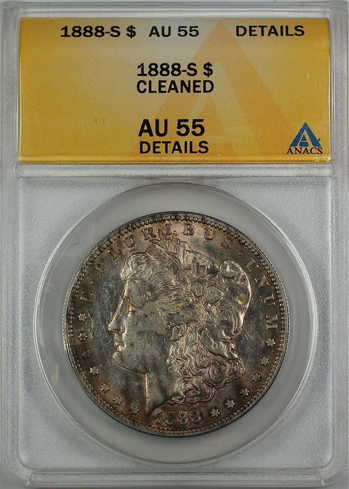 1888-S Morgan Silver Dollar Coin, ANACS AU-55 Details, Cleaned, Nicely Toned AKR