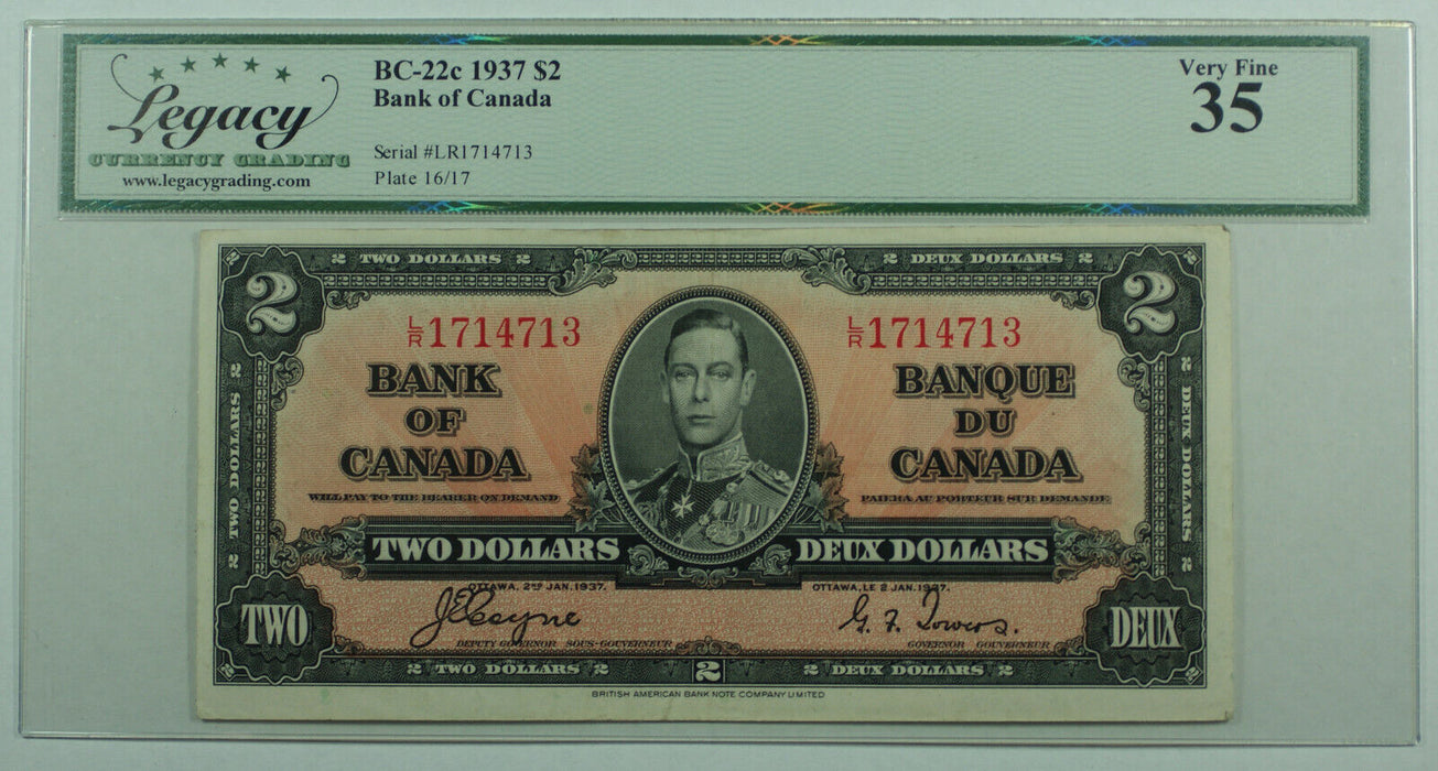 1937 $2 Two Dollar Bill Bank of Canada BC-22c Legacy VF-35 Looks Undergraded