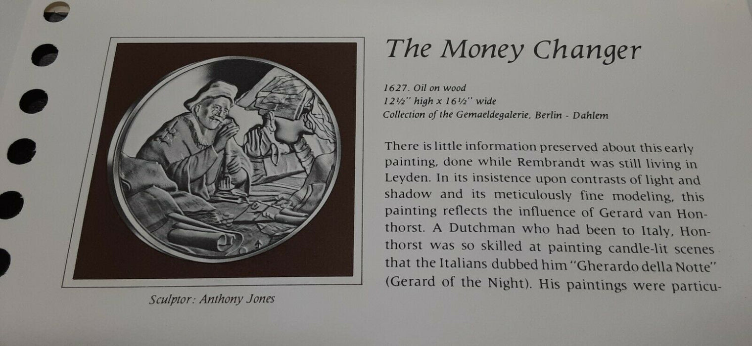 Franklin Mint Genius/Rembrandt PR .925 Silver Medal-The Money Changer in Card