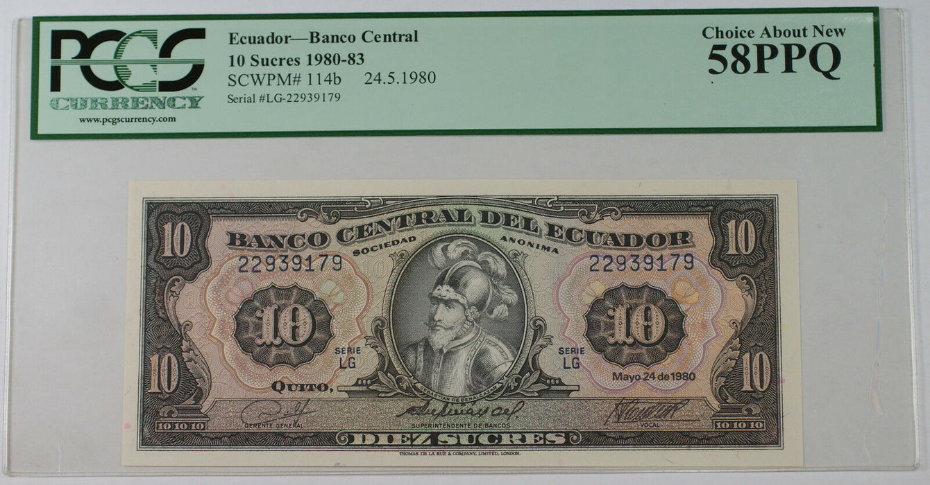 1980-83 Ecuador Banco Central 10 Sucres Note SCWPM#114b PCGS 58 PPQ Ch About New