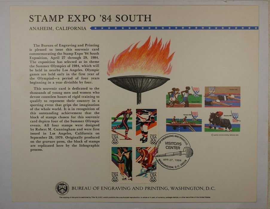 BEP souvenir card B 66 Stamp Expo 1984 1979 15¢ Olympics stamps Visitors cancel