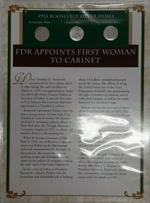 Life&Times of FDR 1953 - 3 Roosevelt Dimes W/Stamp & Info Card 1st Woman Cabinet