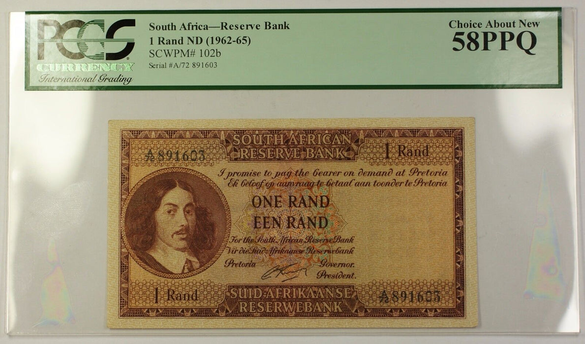 (1962-65) No Date South Africa 1 Rand Bank Note SCWPM# 102b PCGS Choice 58 PPQ