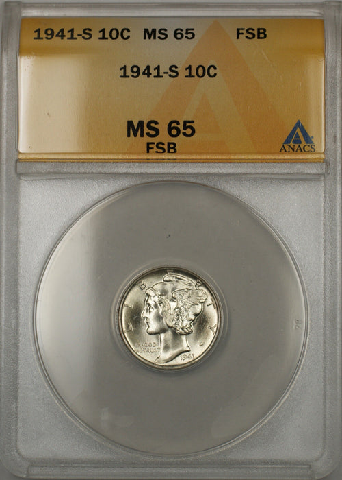 1941-S Silver Mercury Dime 10C ANACS MS-65 Full Split Bands (Better Coin 11 A)