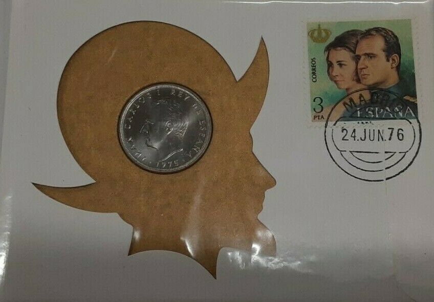 1975 Spain BU 25 Peseta Coin W/Stamp in First Day Cover