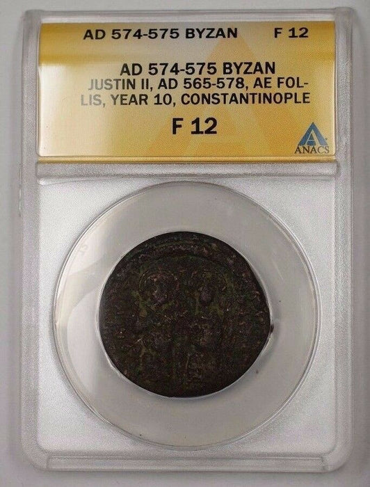 574-575 Byzan Silver Coin Justin II AE Follis Constantinople ANACS F-12 PRX
