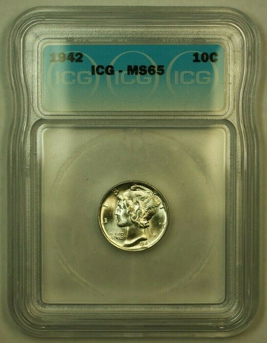 1942 Silver Mercury Dime 10c Coin ICG MS-65 B