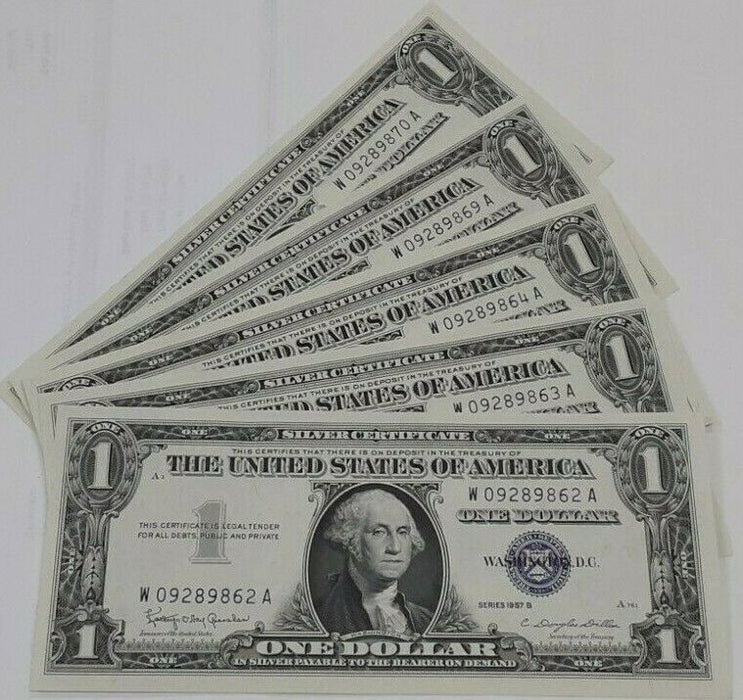 Lot of 9 1957-B $1 Silver Certificates-Consecutive S/Ns Crisp UNC - See photos.