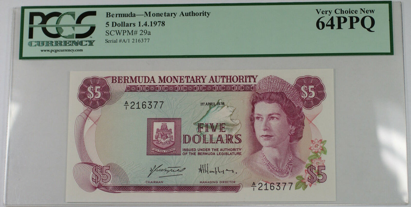 1.4.1978 Bermuda Monetary Authority $5 Note SCWPM# 29a PCGS 64 PPQ Very Ch New