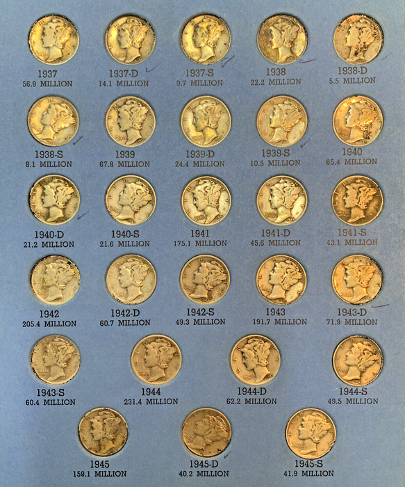 1916-1945 Mercury Dime Almost Complete Set, Whitman Coin Folder, NO 1916-D (C)