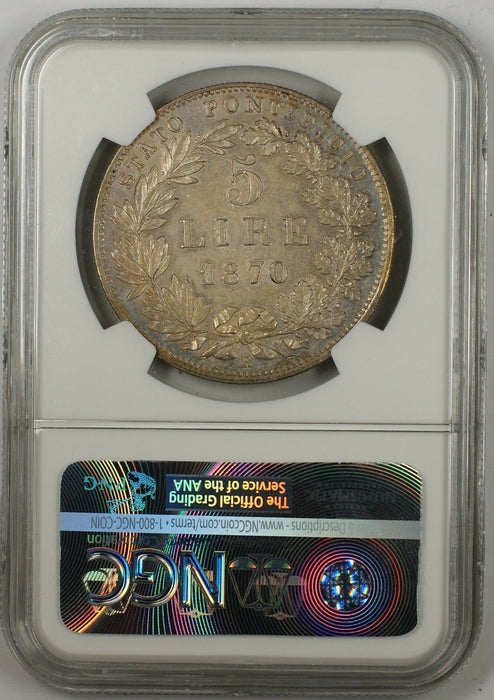 1870-R XXIV Italy 5 Lire Silver Coin Papal States NGC MS-62