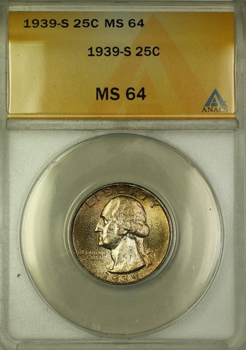 1939-S Washington Silver Quarter 25c Coin ANACS MS-64 Toned