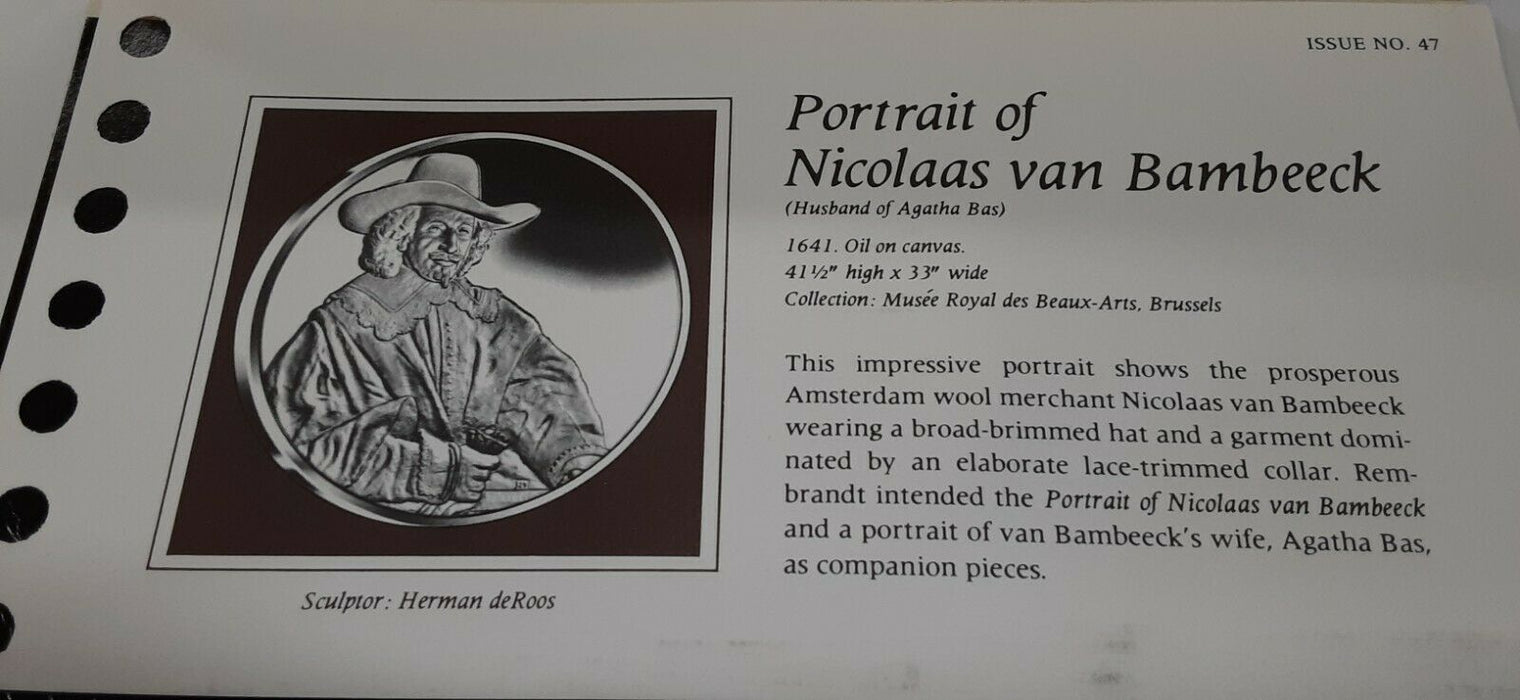 Franklin Mint Genius/Rembrandt PR .925 Silver Medal-Nicolaas Bambeeck in Card