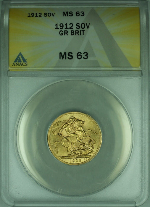 1912 Great Britain Sovereign Gold Coin King George V  ANACS MS-63