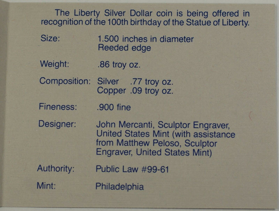 1986 S Mint Statue of Liberty Commemorative UNC Dollar Coin Silver