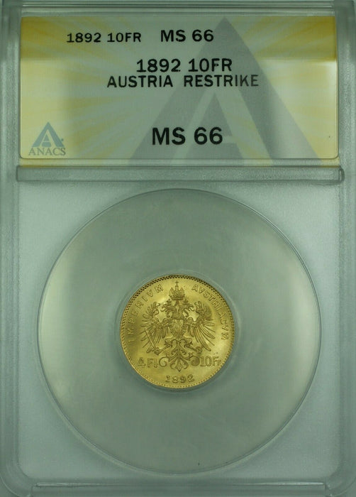 1892 Austria Restrike 10 Franc Gold Coin ANACS MS-66