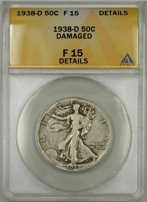 1938-D Walking Liberty Half Dollar Coin 50C ANACS F 15 Damaged Details