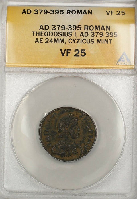 379-395 AD Roman Theodosius I Cyzicus Mint Bronze Ancient Coin AE ANACS VF 25