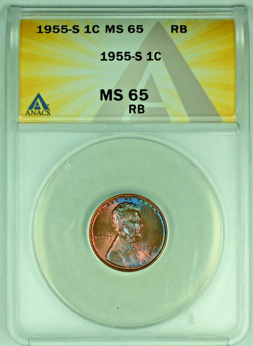 1955-S Lincoln Wheat Cent 1C Coin Toned ANACS MS 65 RB (24) C