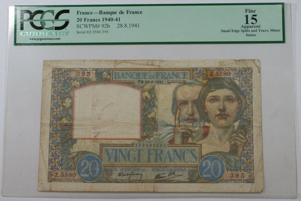 1940-41 Banque de France 20 FR Francs Note SCWPM# 92b PCGS Fine F-15 Apparent