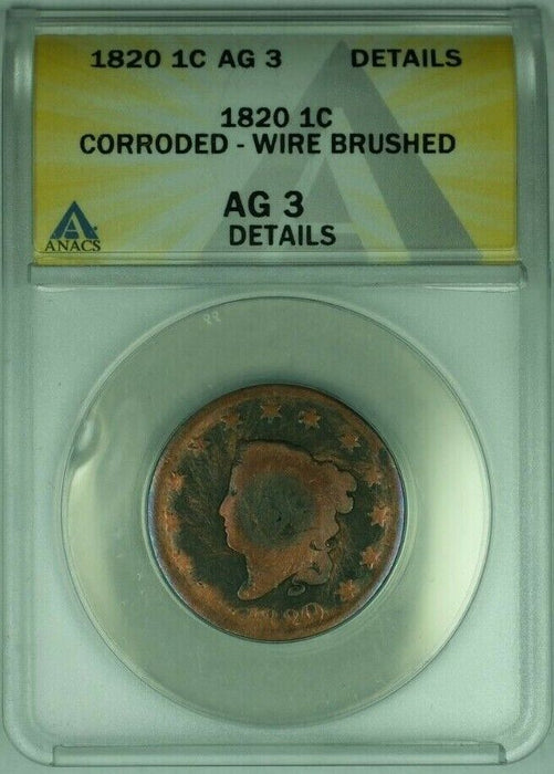 1820 Coronet Head Large Cent SmDt ANACS AG-3 Details Corroded Wire Brushed (41)