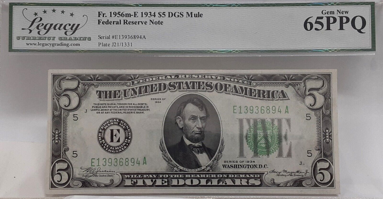 1934 $5 FRN 'Mule' Note Richmond Dist. Fr. 1956m-E  Legacy Gem New 65PPQ