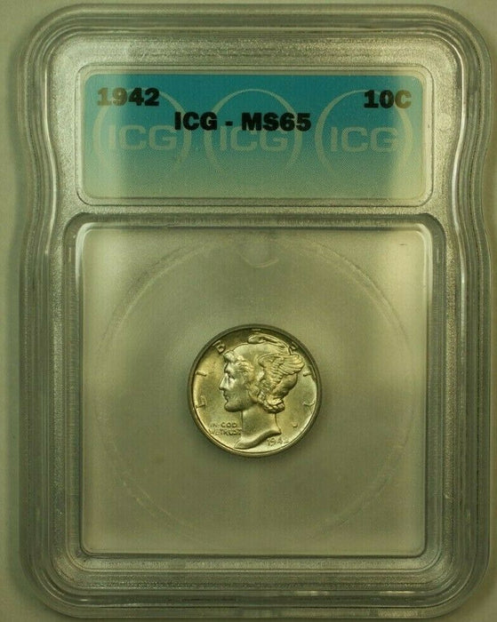 1942 Silver Mercury Dime 10c Coin ICG MS-65 N