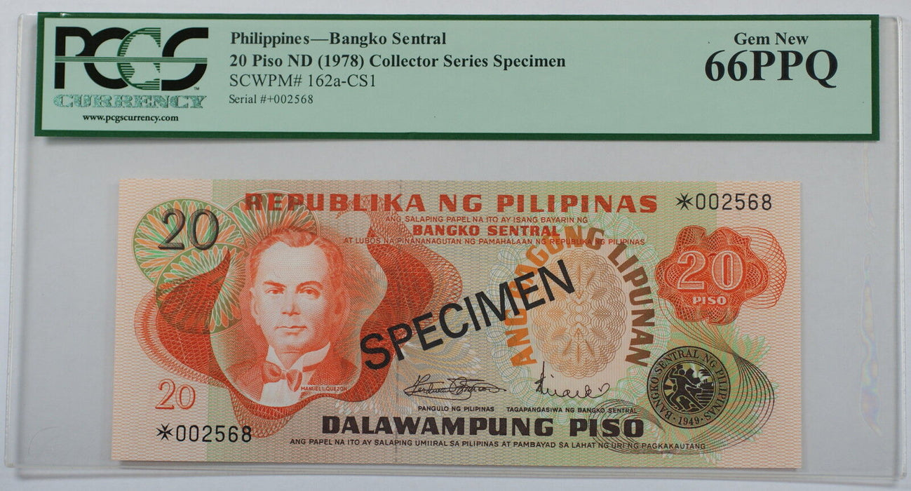 (1978) Philippines 20 Piso Specimen Note SCWPM# 162a-CS1 PCGS 66 PPQ Gem New