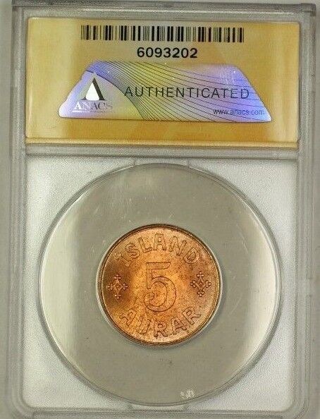 1942 Iceland 5A Five Aurar Copper Coin ANACS MS-66 Red GEM BU (C)