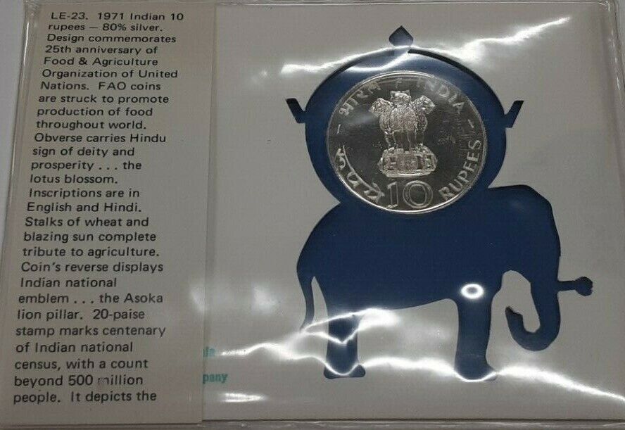 1971 India BU 80% Silver 10 Rupees Coin W/Stamp in FDC 25th Anniversary of FAO