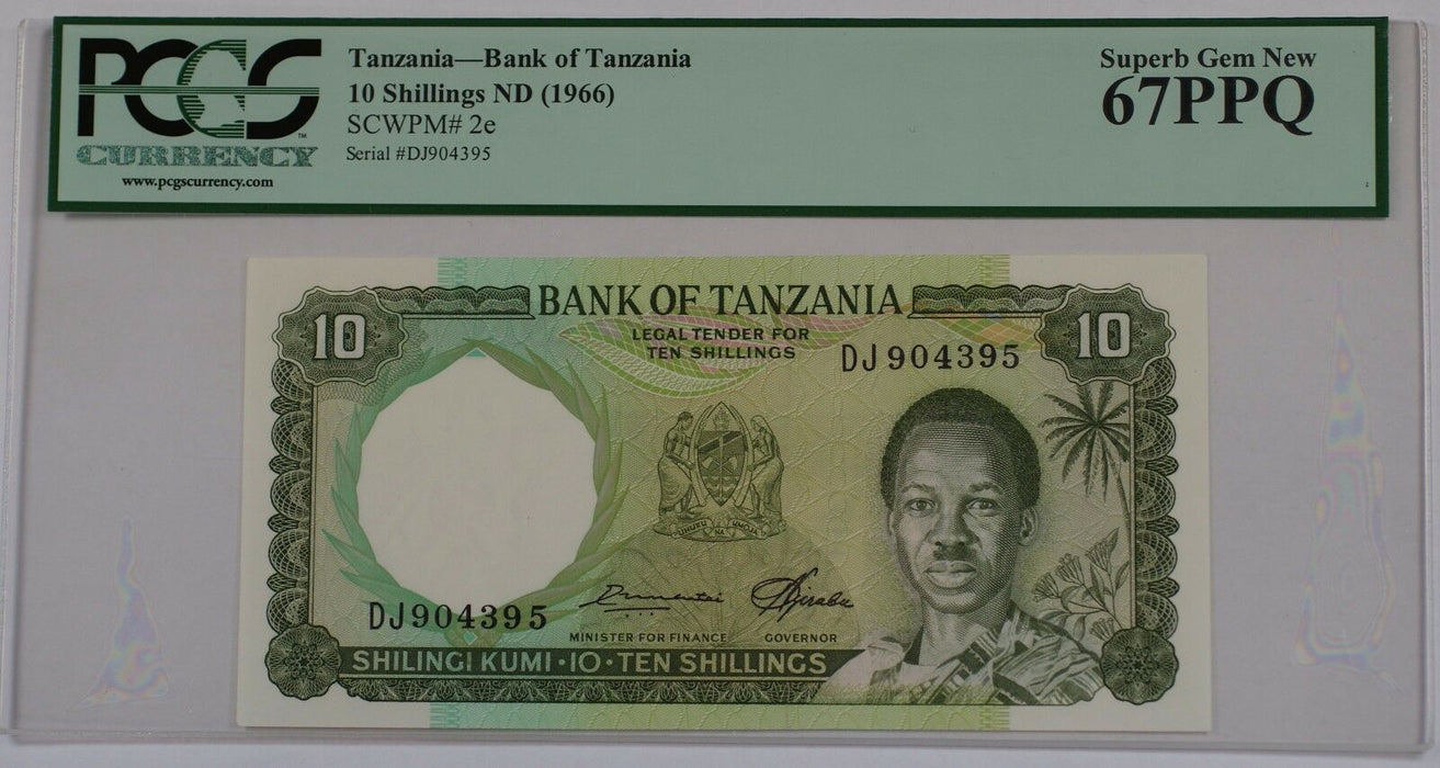 (1966) Bank of Tanzania 10 Schillings Note SCWPM# 2e PCGS 67 PPQ Superb Gem New